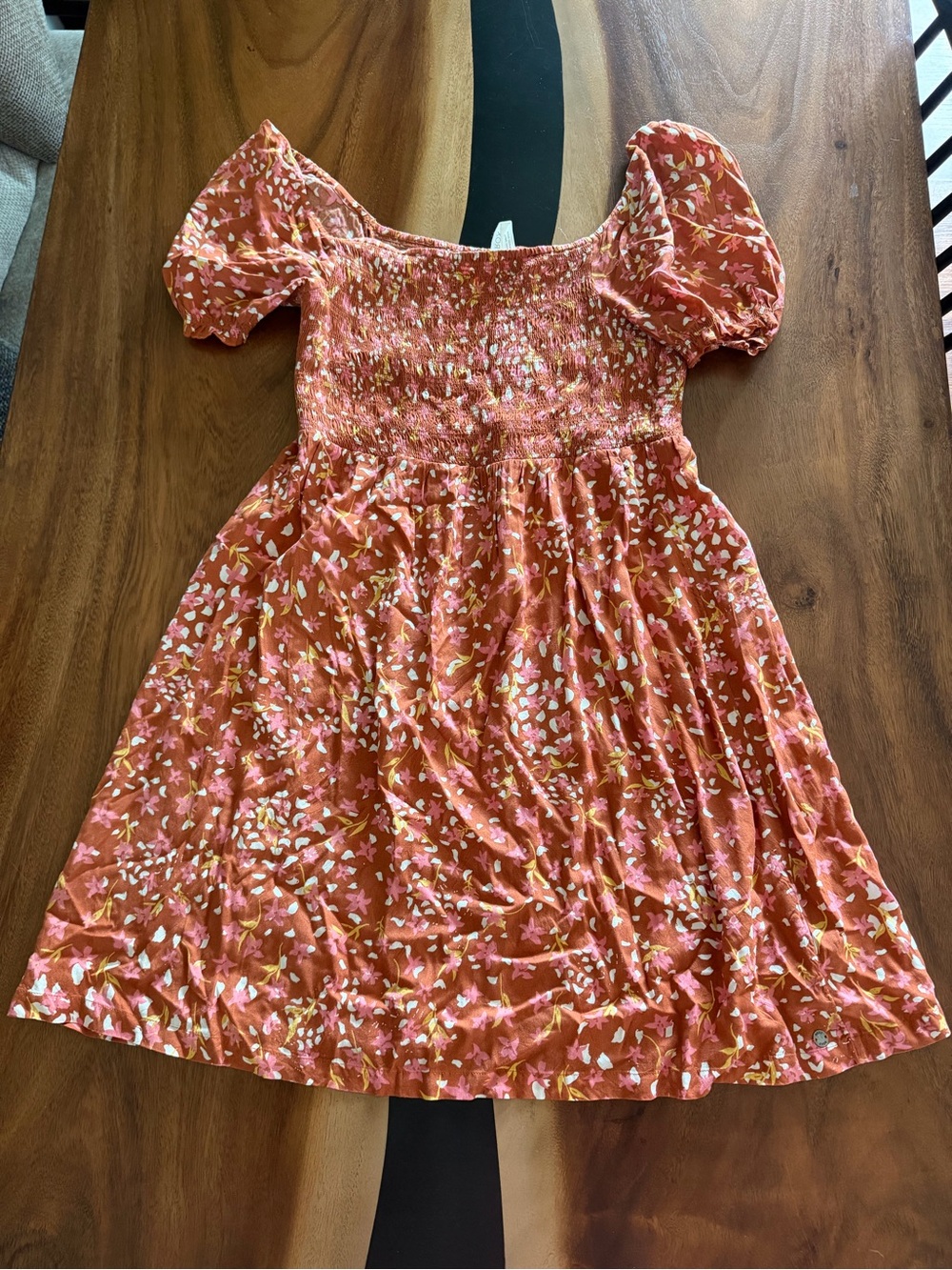 Roxy Rust Floral Puff-Sleeve Smocked Mini Dress